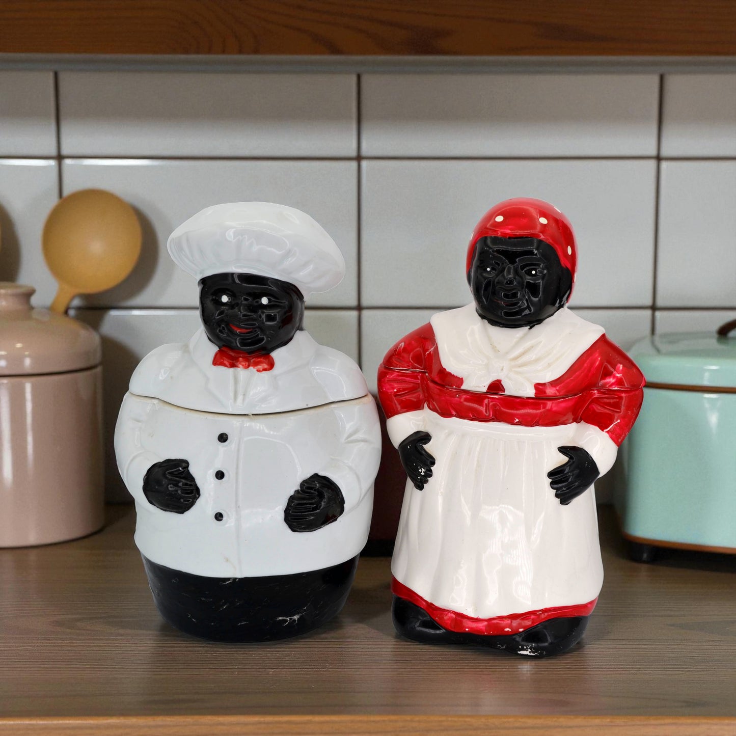 Vintage Black Americana Chef & Mammy Cookie Jars – Historical Pair, Ceramic, 13” – Early American Folk Art