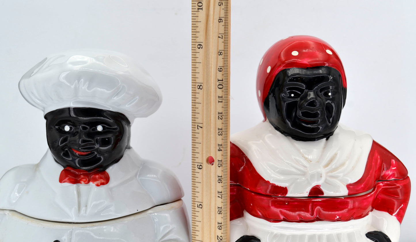 Vintage Black Americana Chef & Mammy Cookie Jars – Historical Pair, Ceramic, 13” – Early American Folk Art