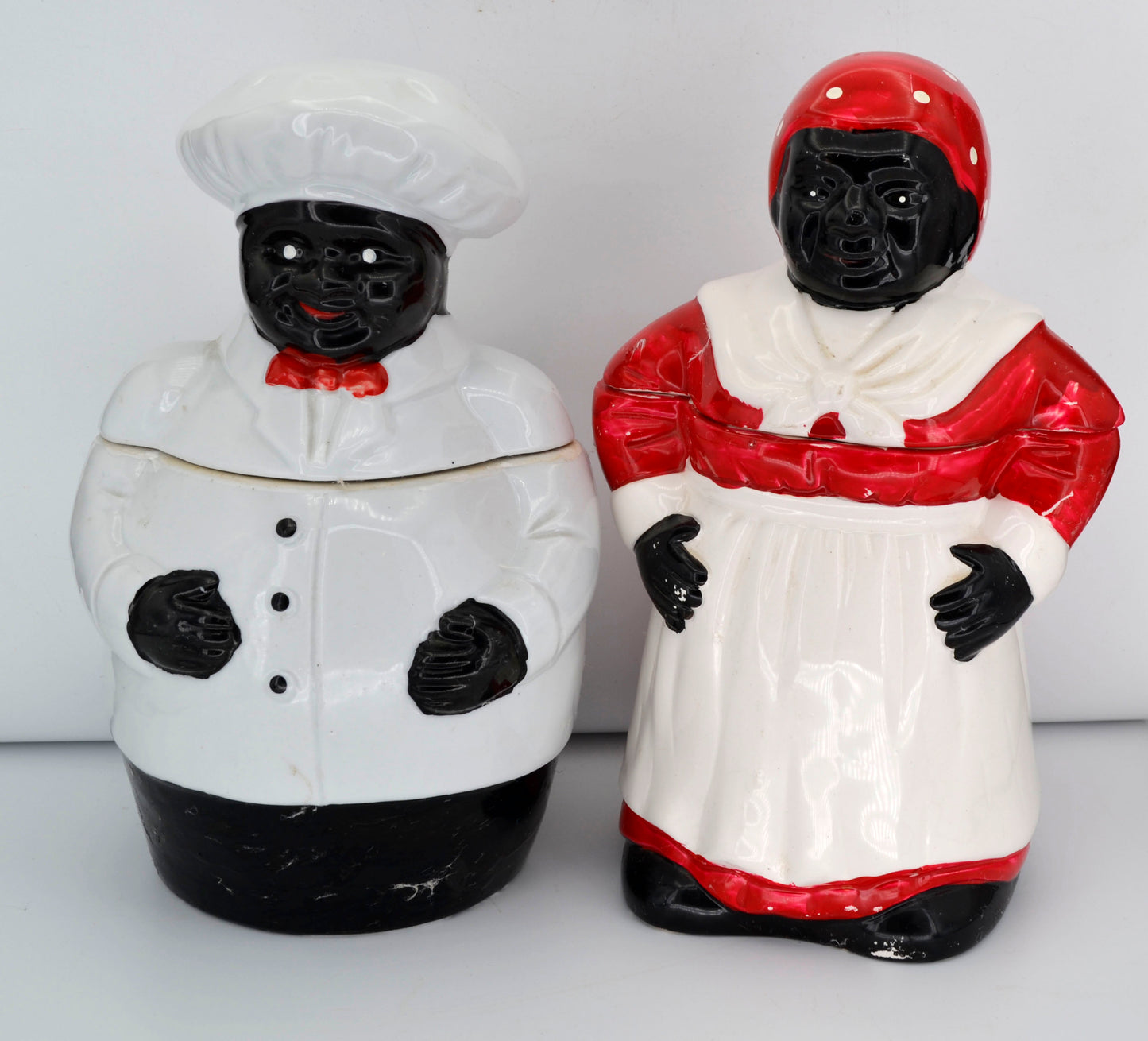 Vintage Black Americana Chef & Mammy Cookie Jars – Historical Pair, Ceramic, 13” – Early American Folk Art
