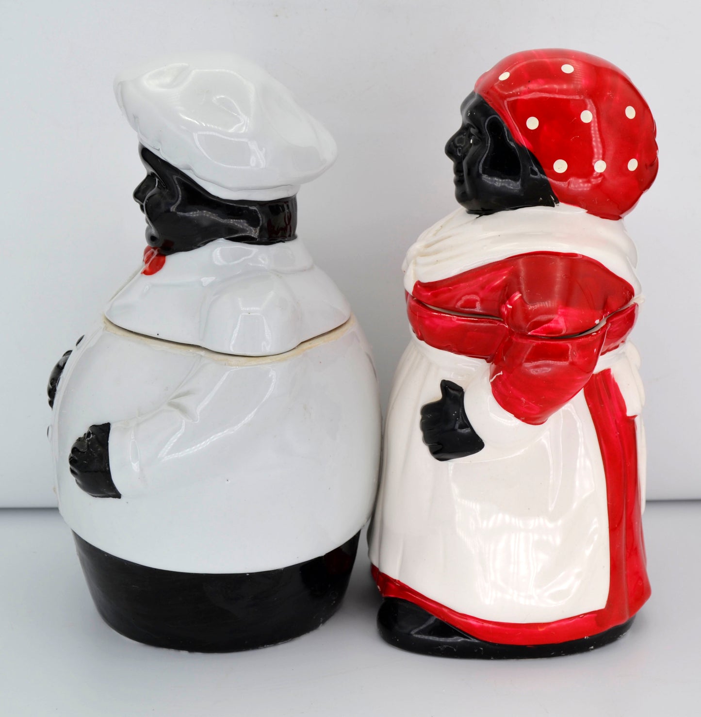 Vintage Black Americana Chef & Mammy Cookie Jars – Historical Pair, Ceramic, 13” – Early American Folk Art