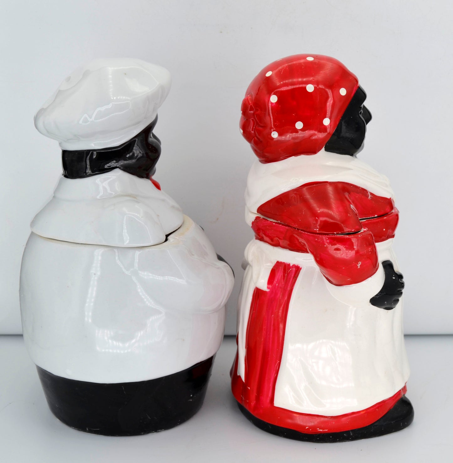 Vintage Black Americana Chef & Mammy Cookie Jars – Historical Pair, Ceramic, 13” – Early American Folk Art